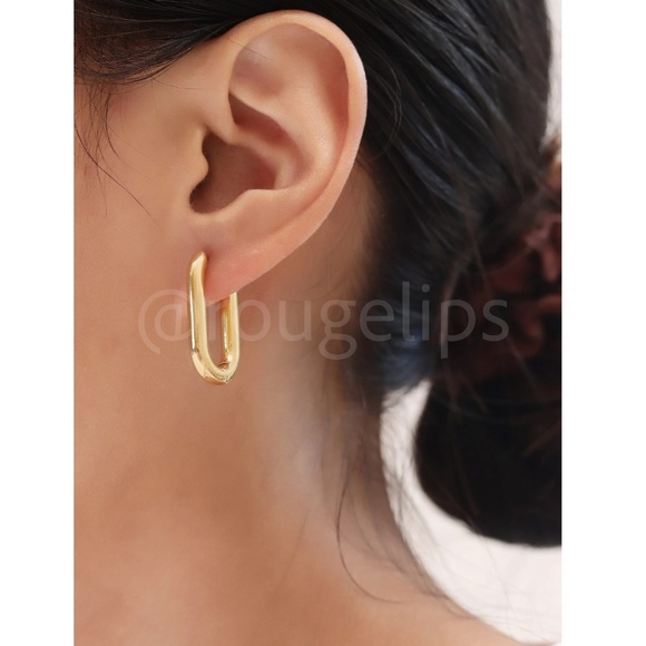 Gold Tone Rectangular Hoop Earrings Copper Minimalistic - Picture 2 of 5